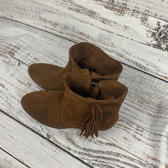 Sam Edelman Brown Whiskey Suede Heeled Fringe Ankle Bootie 4 Girls Leather - Picture 3 of 4